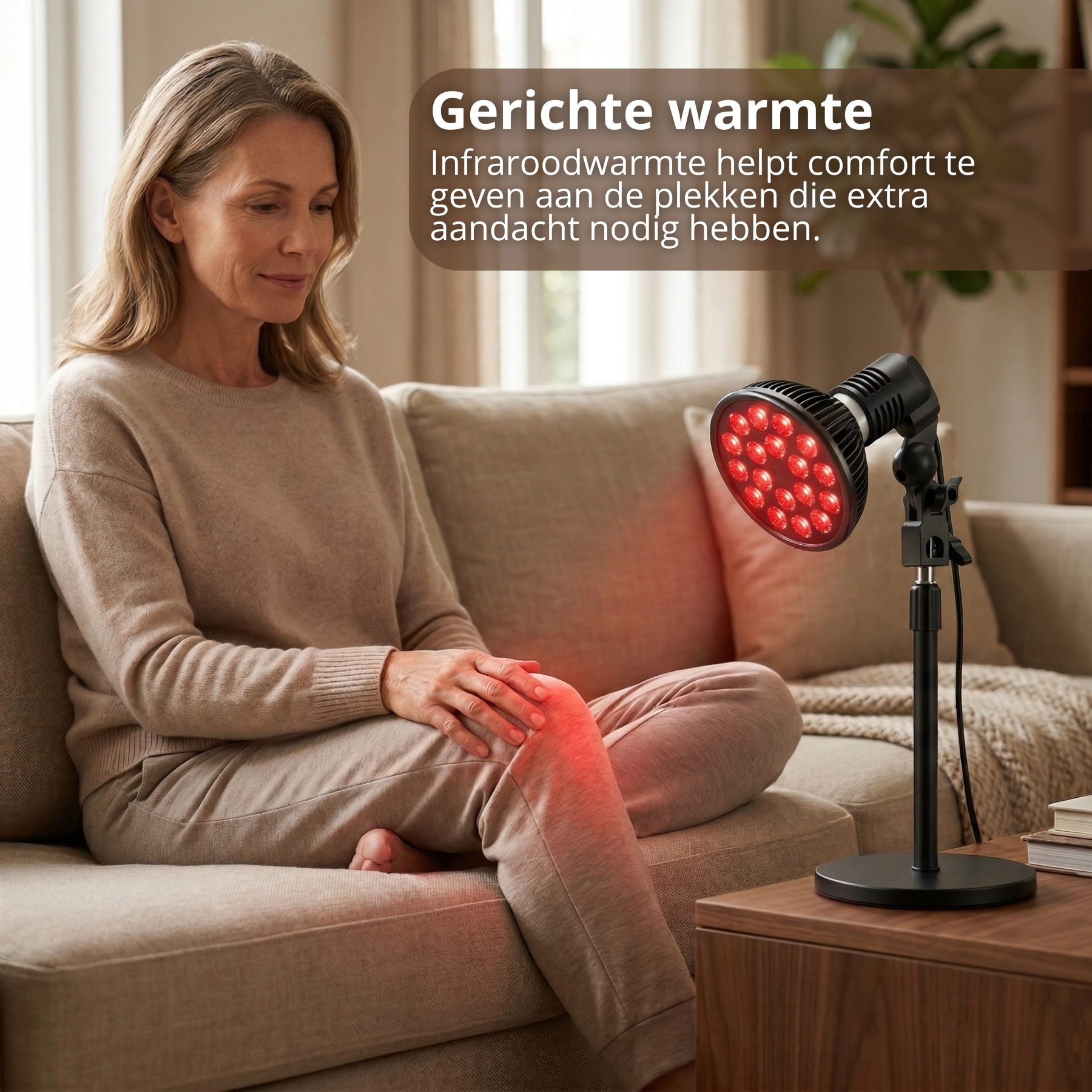 Roodlicht therapie lamp voor vermoeide benen – infrarood warmtelamp in woonkamer voor diepe ontspanning