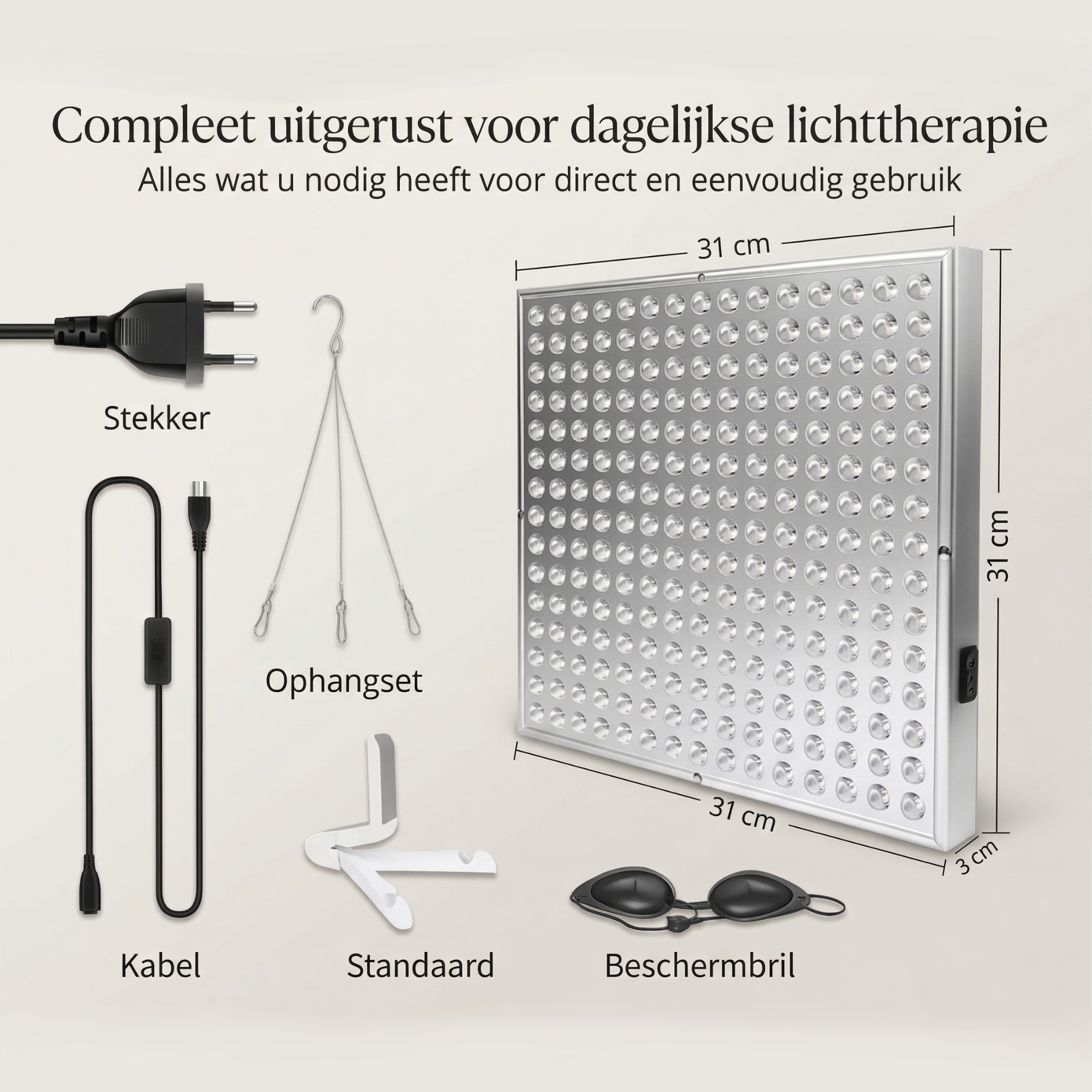 Infrarood therapie paneel met accessoires zoals kabel, standaard en beschermbril – compleet voor thuisgebruik