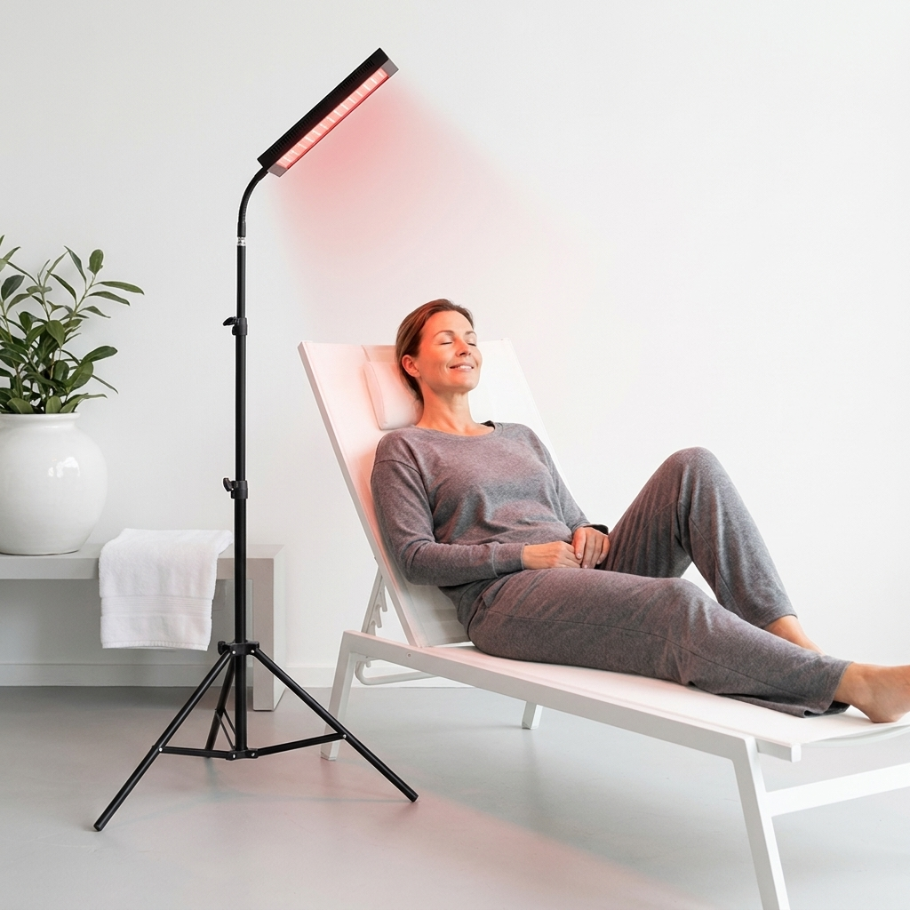 Premium infrarood paneel met standaard voor ontspanning na een lange dag.