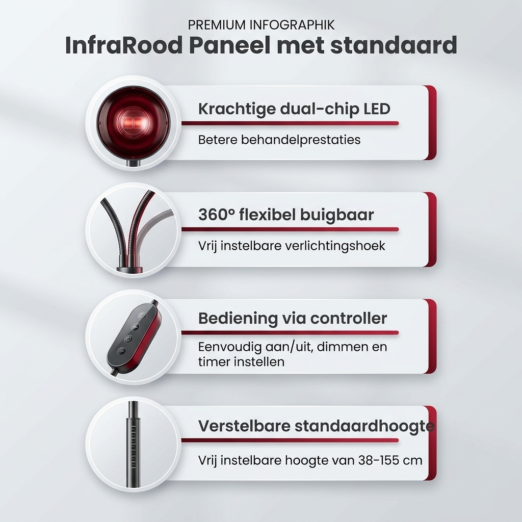 Professioneel roodlicht paneel met 75 LED’s en verstelbare behandelpositie.