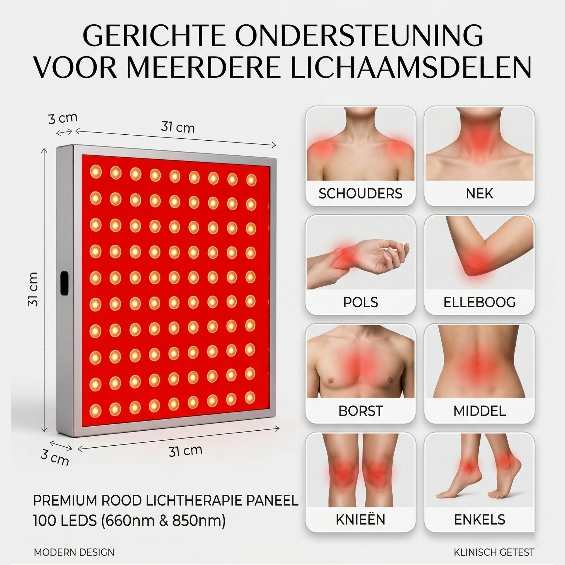 Roodlichttherapie paneel voor meerdere lichaamsdelen zoals nek, schouders, knieën en rug