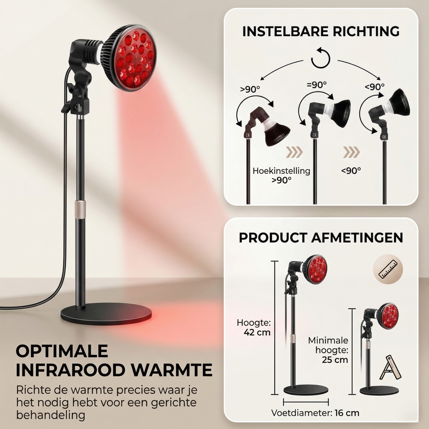 Verstelbare infrarood lamp met gerichte warmtestraling en productafmetingen – roodlichttherapie lamp voor thuisgebruik