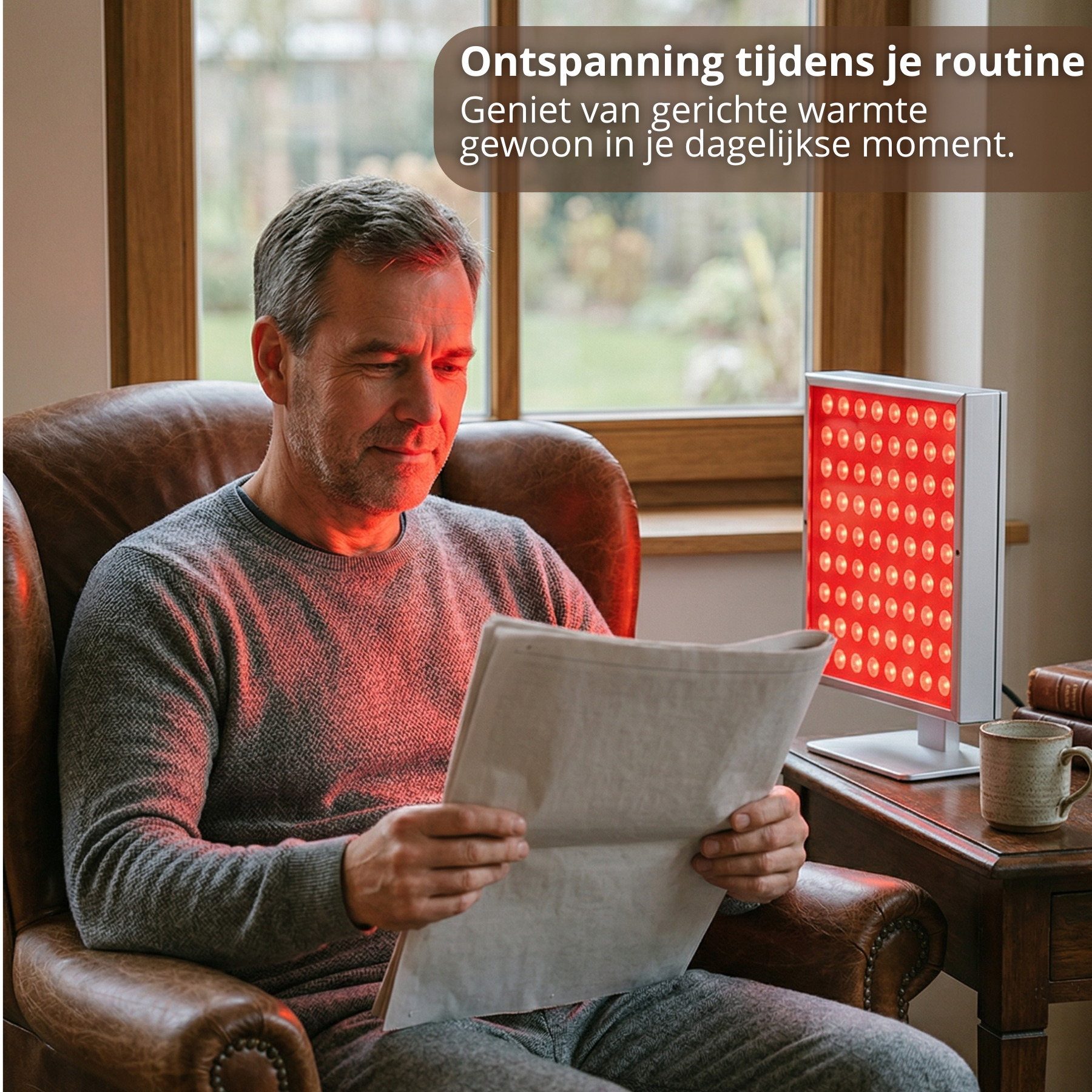 Roodlichttherapie paneel tijdens dagelijkse routine – ontspanning met infrarood warmte thuis