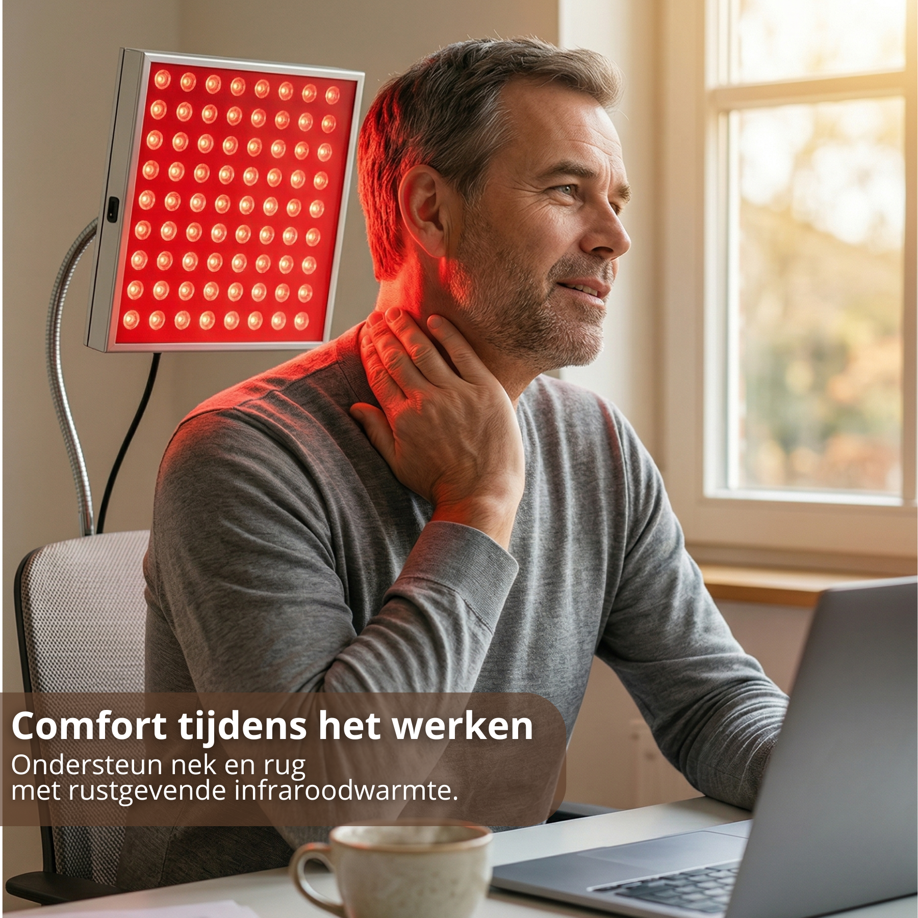 Infrarood therapie paneel voor nek en schouders tijdens werk – roodlichttherapie voor comfort en ontspanning