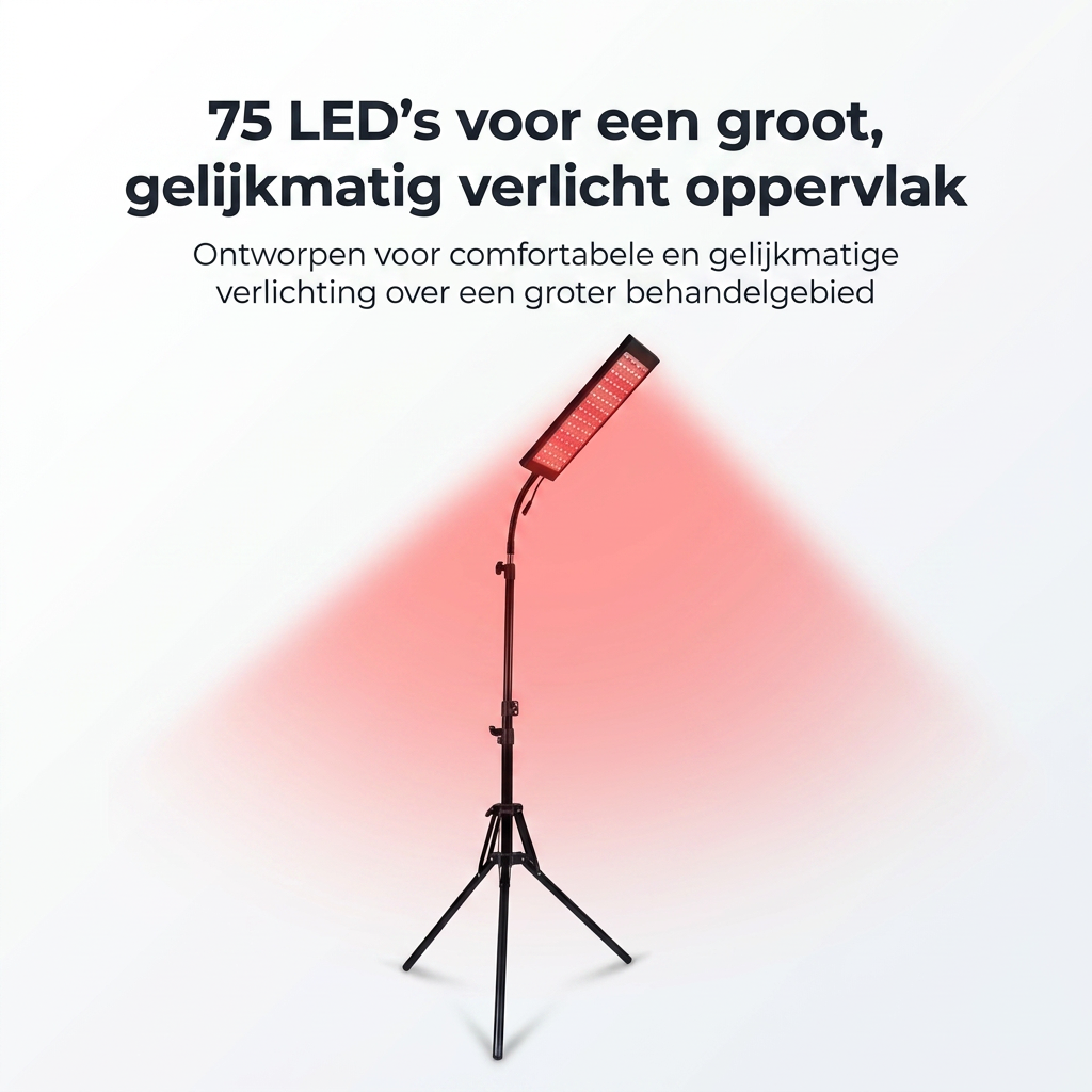 Verstelbaar infrarood paneel met 75 LED’s voor een groot en gelijkmatig verlicht oppervlak.