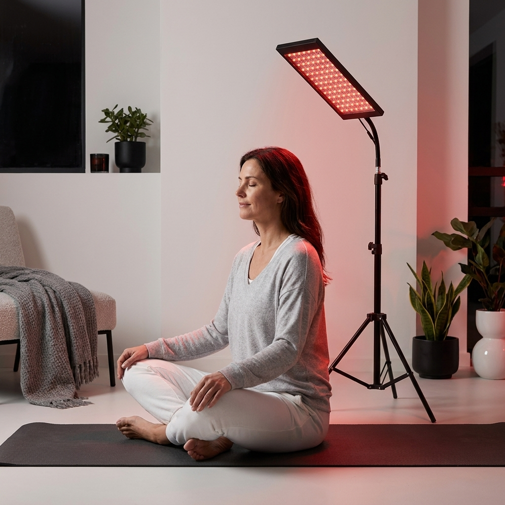 Krachtige roodlichtlamp met verstelbare standaard voor comfortabele behandeling thuis.