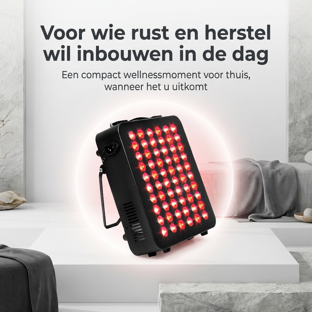 Draagbaar roodlichtpaneel met krachtige LED’s voor lokale behandeling en ontspanning.