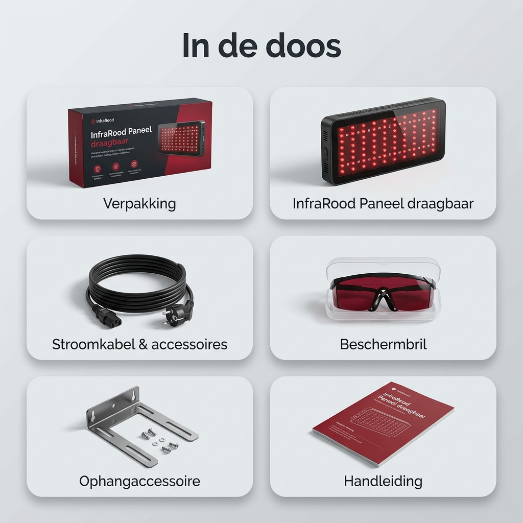 Draagbaar rood- en infraroodlichtpaneel voor huid, spieren en dieper weefsel.